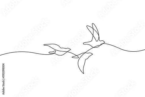 Flying Birds Silhouette Continuous One Line Drawing. Group of Birds Black Linear Isolated on White Background. Birds in Flight Silhouettes. Vector Line Art Minimalistic Illustration