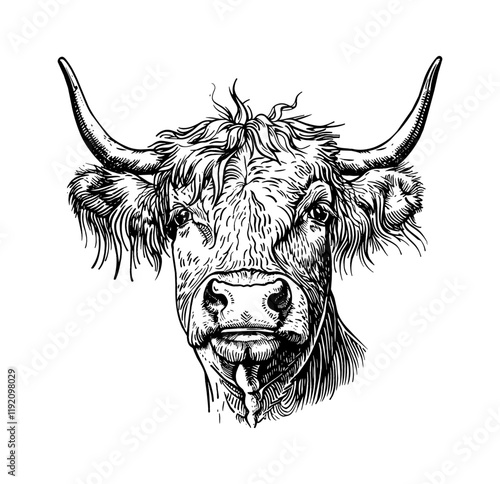 scottish highland cow engraving black and white outline