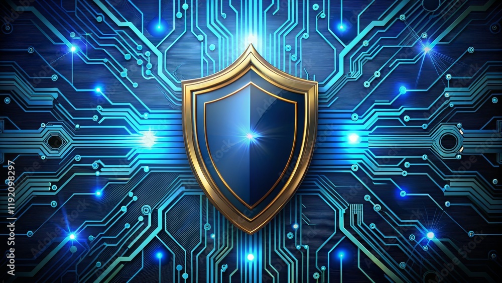 Fototapeta premium Cybersecurity Shield Blue Circuit Board Background, Digital Protection Concept, 3D Render, Cyber Security, Data Protection