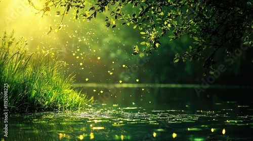 Sunlit riverbank, lush greenery, calm water, morning light, nature scene, ideal for relaxation