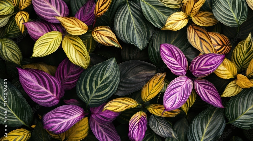 Fototapeta premium Vibrant leaves in purple, gold & green — artistic, lush & full of tropical elegance. Perfect for design, nature or dreamy vibes. 🌿✨ #LeafArt #ColorfulNature