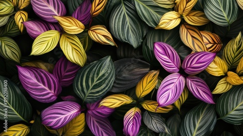Wallpaper Mural Vibrant leaves in purple, gold & green — artistic, lush & full of tropical elegance. Perfect for design, nature or dreamy vibes. 🌿✨ #LeafArt #ColorfulNature Torontodigital.ca