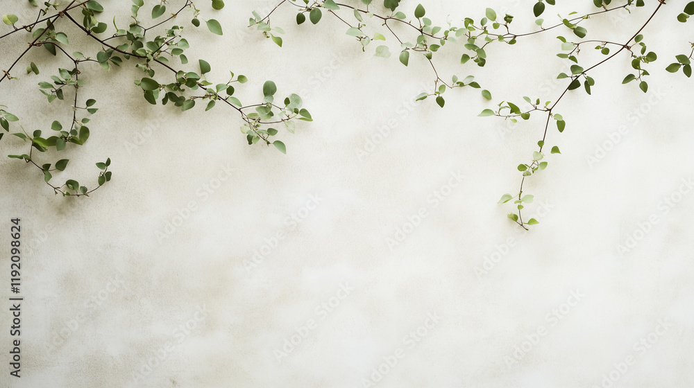 Green Vines on Concrete Wall: Delicate green vines with tiny leaves cascade down a textured concrete wall, creating a natural border against a minimalist backdrop. Green Vines on Concrete Wall: Delicate green vines with tiny leaves cascade down a textured concrete wall, creating a natural border against a minimalist backdrop.