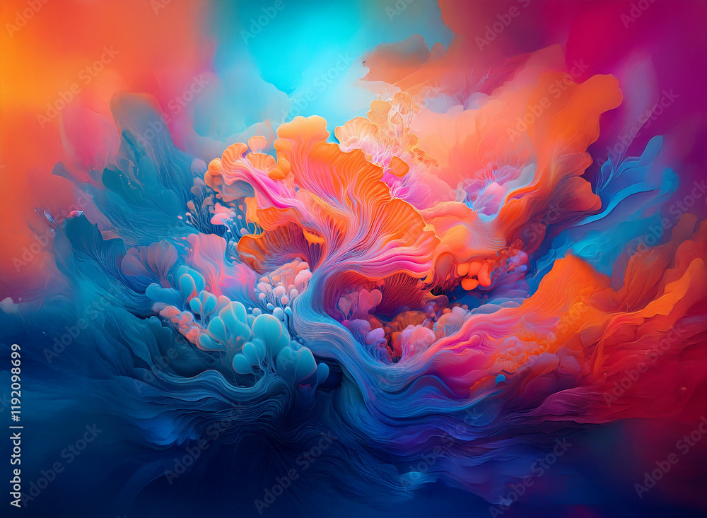 Obraz premium Abstract vibrant artwork featuring swirling, fluid forms in shades of orange, pink, and blue against a dynamic background. The colors blend and intermingle, creating a sense of movement and energy.