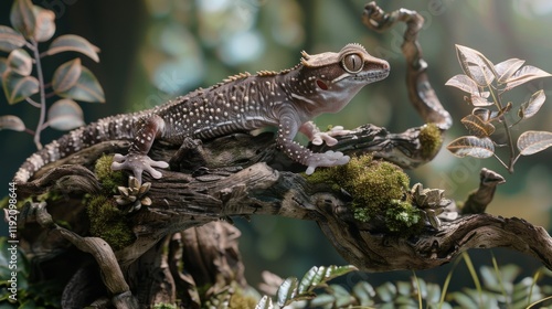 In an eco-friendly setting with detailed textures, a crested gecko investigates a new habitat designed by the vet, enjoying a naturally enriched environment.