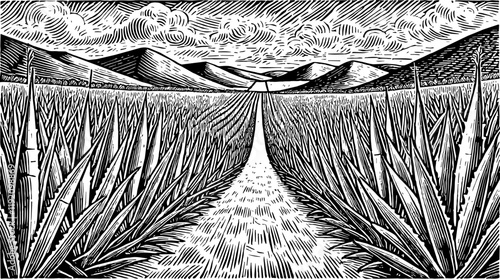 wide agave field, showing neat rows of spiky agave plants receding into the distance engraving black and white outline