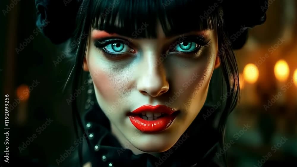 Portrait of a beautiful demonic girl with red sensual lips and bright eyes, portrait on a dark background Portrait of a beautiful demonic girl with red sensual lips and bright eyes, portrait on a dark background
