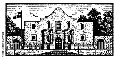 Alamo engraving black and white outline