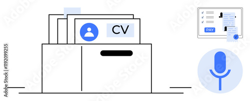 Filing system with CVs, resume document with salary details, and microphone. Ideal for recruitment, job hunting, HR management, voice recording, document organization, employment processes career