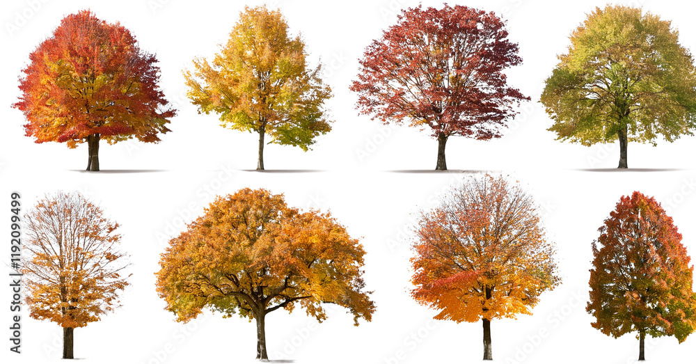 Collection of Eight Autumn Trees Isolated on White Vibrant Fall Foliage Nature Photography Collection of Eight Autumn Trees Isolated on White Vibrant Fall Foliage Nature Photography