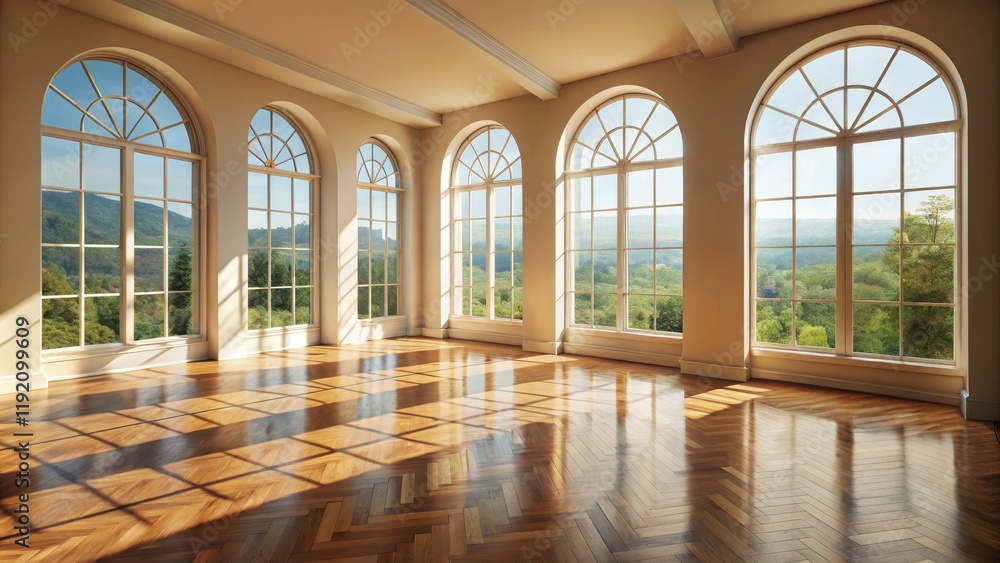Sunlit Room with Arched Windows and Herringbone Floor Sunlit Room with Arched Windows and Herringbone Floor