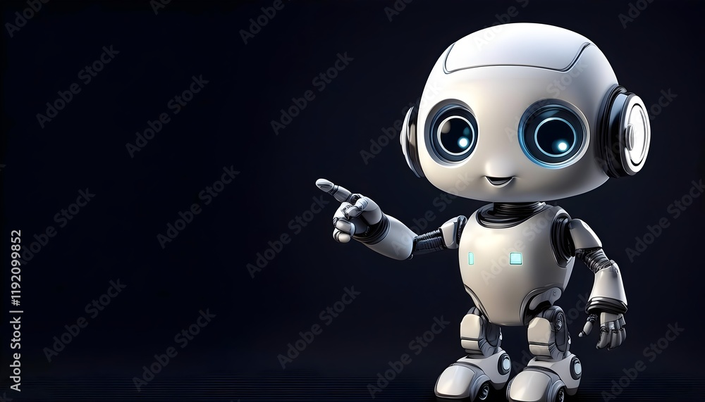 blue screen robot 3d render, cute mini robot pointing fingers at copy space on black background blue screen robot 3d render, cute mini robot pointing fingers at copy space on black background
