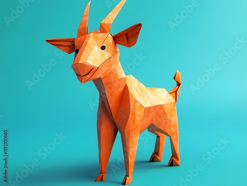 Stylized Origami Pyrenean Ibex Figurine with Smiling Expression in 3D Render photo