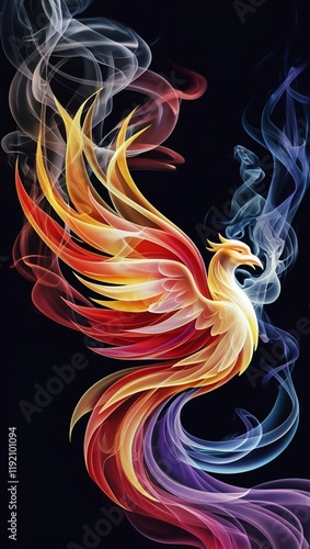 Layers of curling, multicolored smoke coalescing into the ethereal form of a phoenix.  photo