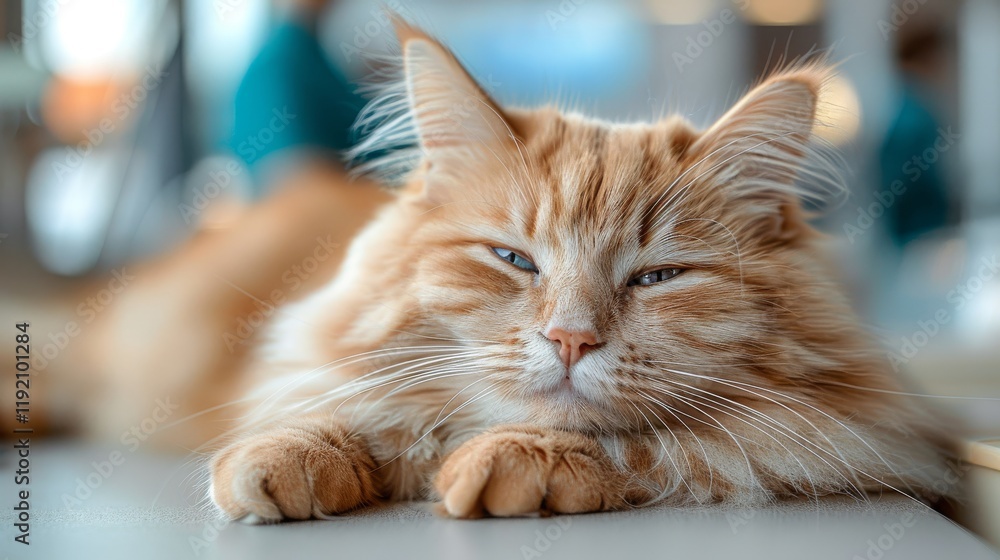 A sleepy ginger tabby cat rests with eyes half-closed on a clinic table, surrounded by a calm and blurred veterinary setting, evoking relaxation. A sleepy ginger tabby cat rests with eyes half-closed on a clinic table, surrounded by a calm and blurred veterinary setting, evoking relaxation.