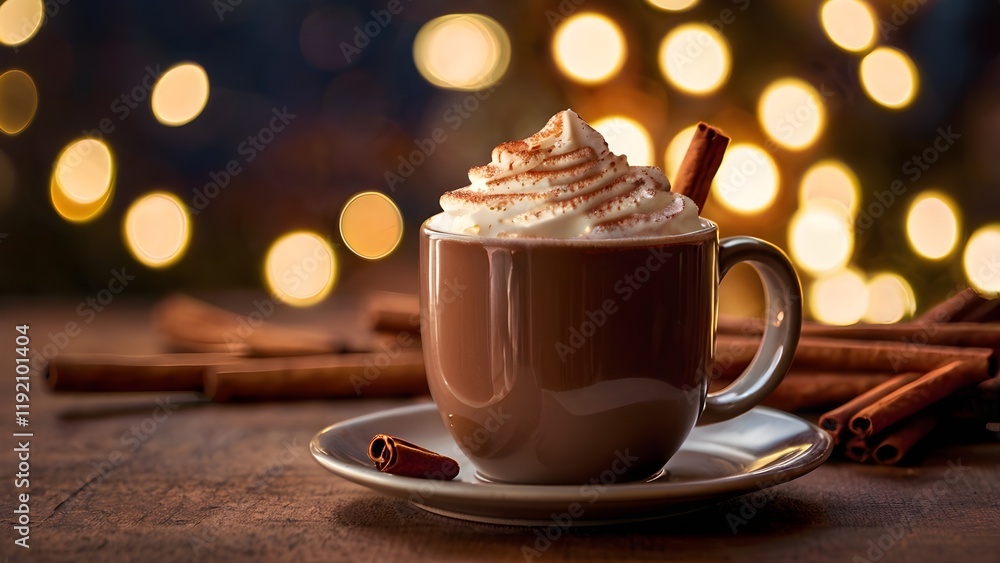 Cup of hot chocolate with a cinnamon stick, soft fairy lights in the background Cup of hot chocolate with a cinnamon stick, soft fairy lights in the background
