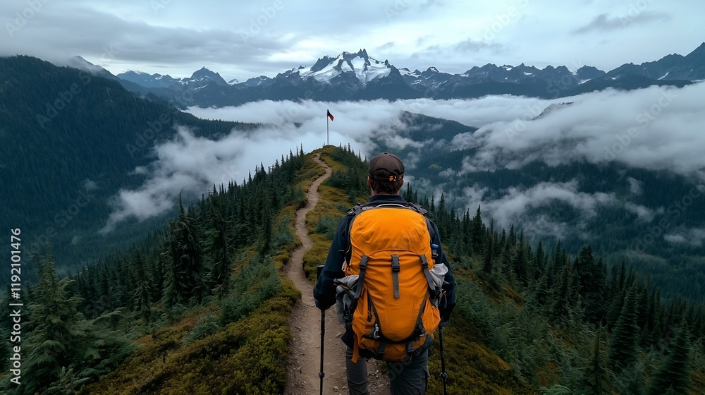 Obraz premium Intrepid Explorer Navigating Winding Mountain Trail Towards Distant Summit