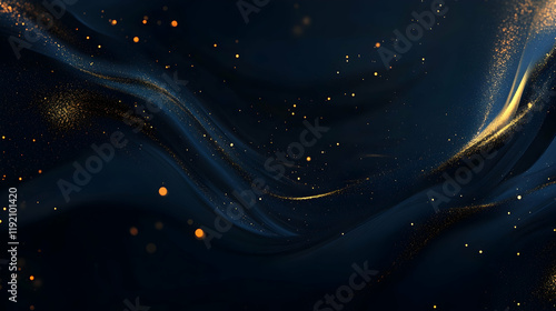 Abstract dark blue background with shimmering gold particles, creating a festive holiday glow and subtle bokeh effect