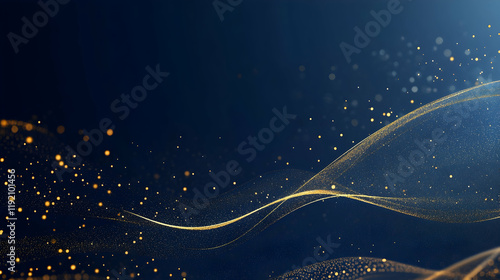 Abstract dark blue background with floating gold particles and shimmering bokeh lights for a digital holiday theme