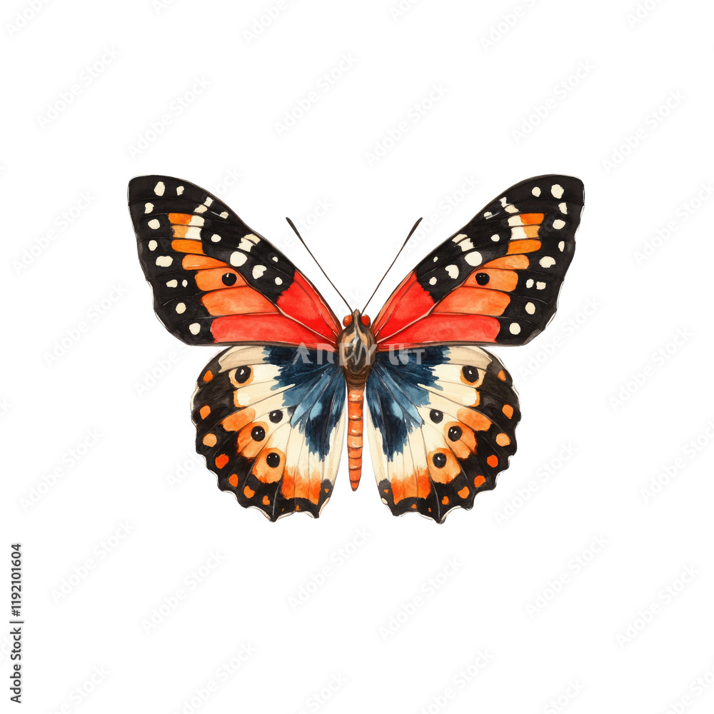 A vividly colored butterfly with intricate patterns and striking blue, red, and orange hues. A vividly colored butterfly with intricate patterns and striking blue, red, and orange hues.