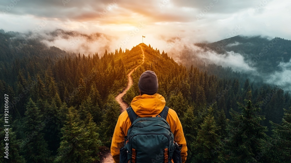 Intrepid Explorer Ascending Winding Mountain Trail Towards Distant Summit Intrepid Explorer Ascending Winding Mountain Trail Towards Distant Summit