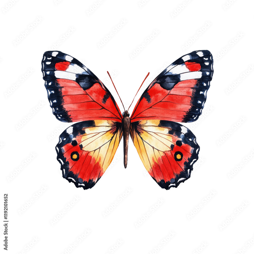 Obraz premium A vibrant butterfly with striking red, black, and white patterns gracefully displays its wings.