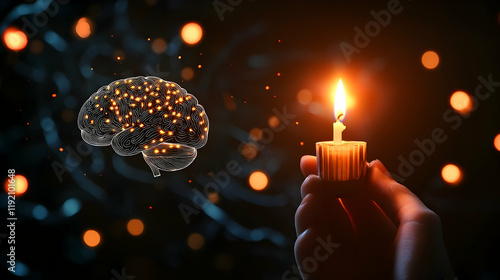 Promoting Brain Injury Awareness through candlelight and glowing imagery emphasizing hope and reflection on mental health challenges photo