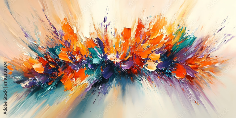 Bold splashes of bright orange, turquoise, and purple, with irregular shapes and energetic brushstrokes on a light canvas Bold splashes of bright orange, turquoise, and purple, with irregular shapes and energetic brushstrokes on a light canvas