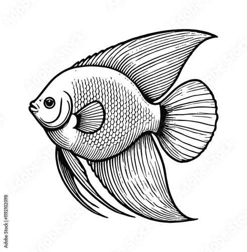 angelfish engraving black and white outline
