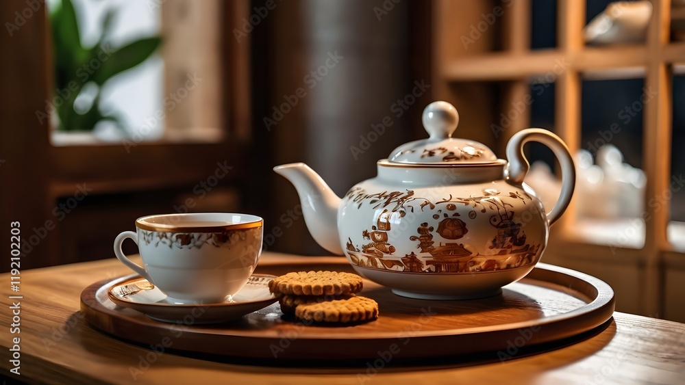teapot pouring rich amber tea into a delicate cup, wooden tray with biscuits, teapot pouring rich amber tea into a delicate cup, wooden tray with biscuits,