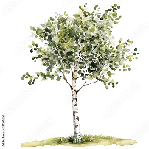 A watercolor painting of a Birch tree, isolated on a white background. Birch tree vector.
