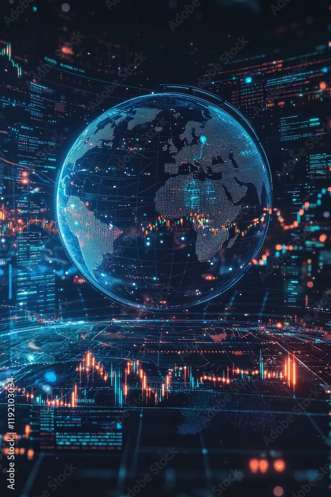 A digital globe with global financial data and graphs, surrounded by glowing holographic charts representing the world's international markets. A digital globe with global financial data and graphs, surrounded by glowing holographic charts representing the world's international markets.