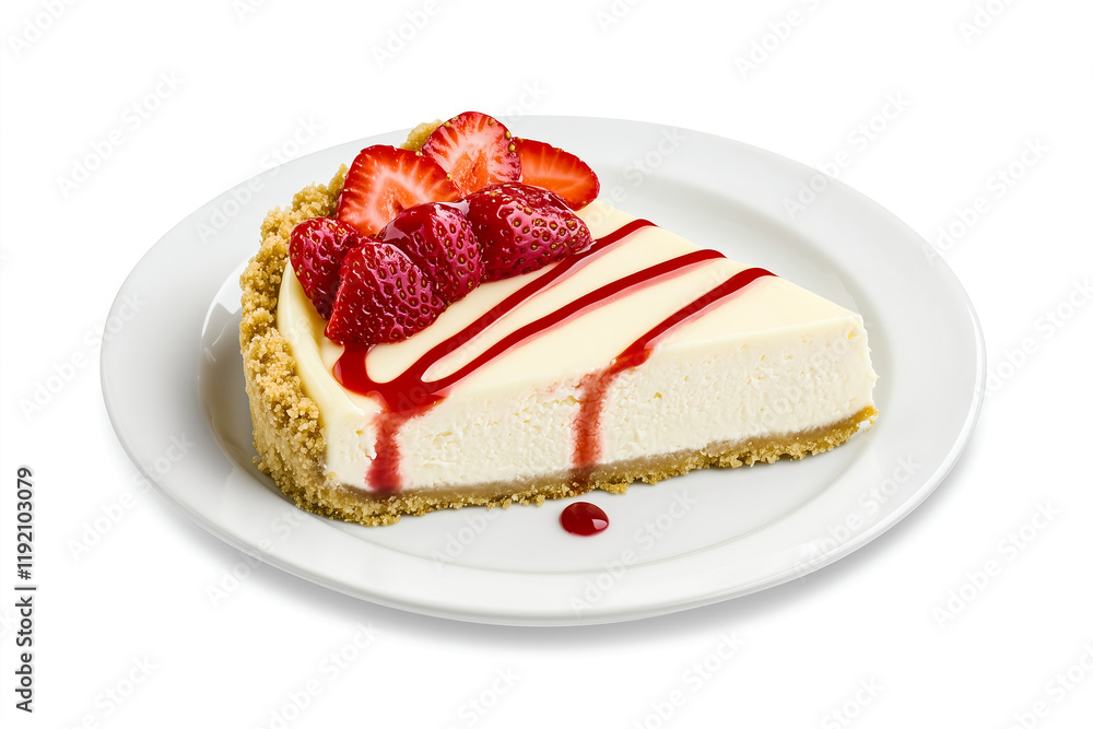 A slice of classic New York-style cheesecake with a smooth, creamy filling and a graham cracker crust, topped with fresh strawberries and a drizzle of strawberry syrup. A slice of classic New York-style cheesecake with a smooth, creamy filling and a graham cracker crust, topped with fresh strawberries and a drizzle of strawberry syrup.