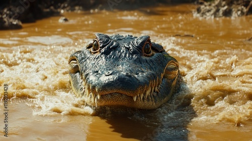 Close-up of an alligator head emerging from a muddy brown river with its eyes focused photo