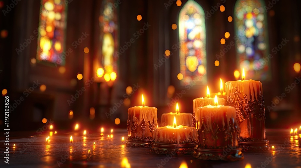 Lit candles of various sizes on a table with blurred stained glass windows and warm lighting in the background. Lit candles of various sizes on a table with blurred stained glass windows and warm lighting in the background.