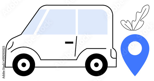 Minimal white car with blue windows next to a blue location pin and leaf. Ideal for themes of transportation, eco-friendliness, navigation, car sharing, travel, sustainability, and innovation in