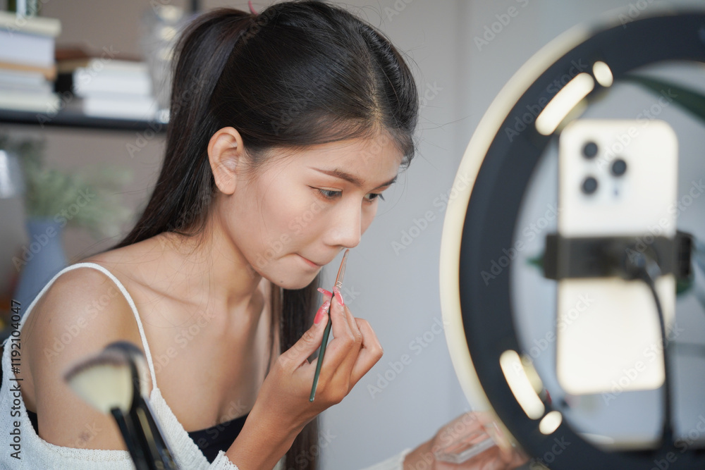 Asian woman influencer beauty blogger live streaming reviews her cosmetics on online platform Asian woman influencer beauty blogger live streaming reviews her cosmetics on online platform