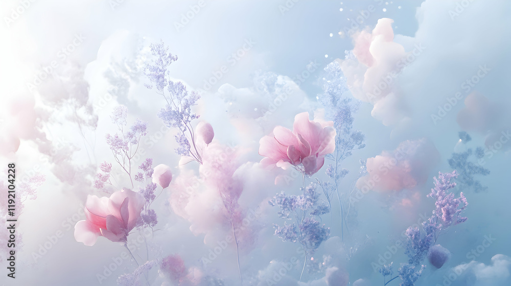 Ethereal blend of light pink, lavender, and blue hues, with soft cloud-like textures and smooth transitions on a white canvas Ethereal blend of light pink, lavender, and blue hues, with soft cloud-like textures and smooth transitions on a white canvas
