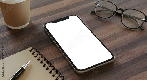 A blank screen smartphone mockup rests on a wooden office desk alongside coffee, glasses, a pen, and a notepad, ideal for showcasing business technology in a modern workspace 11
