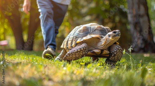 A veterinarian walks a healthy, happy tortoise on in a park, providing it with a stimulating and enjoyable outdoor experience.