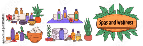 Spa and wellness concept with essential oils towels plants and stones in a relaxing setting. Colorful elements for self-care and relaxation theme