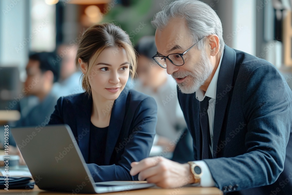 A young female businesswoman and a gray-haired senior male CEO. A young female businesswoman and a gray-haired senior male CEO.
