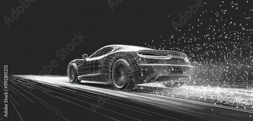 Car dynamically rendered in wireframe as it moves, using sophisticated AI tech.