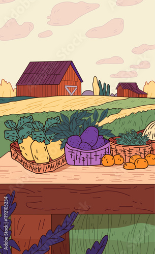 Farm produce baskets rural landscape autumn harvest. Vegetables and fruits on wooden table with barns fields and cloudy sky. Vibrant colors and rustic charm