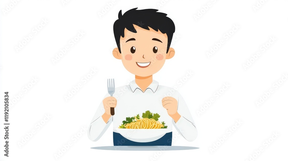 Cheerful Young Boy Enjoying a Delicious Plate of Pasta with Fork and Fresh Greens in a Minimalist Setup Cheerful Young Boy Enjoying a Delicious Plate of Pasta with Fork and Fresh Greens in a Minimalist Setup