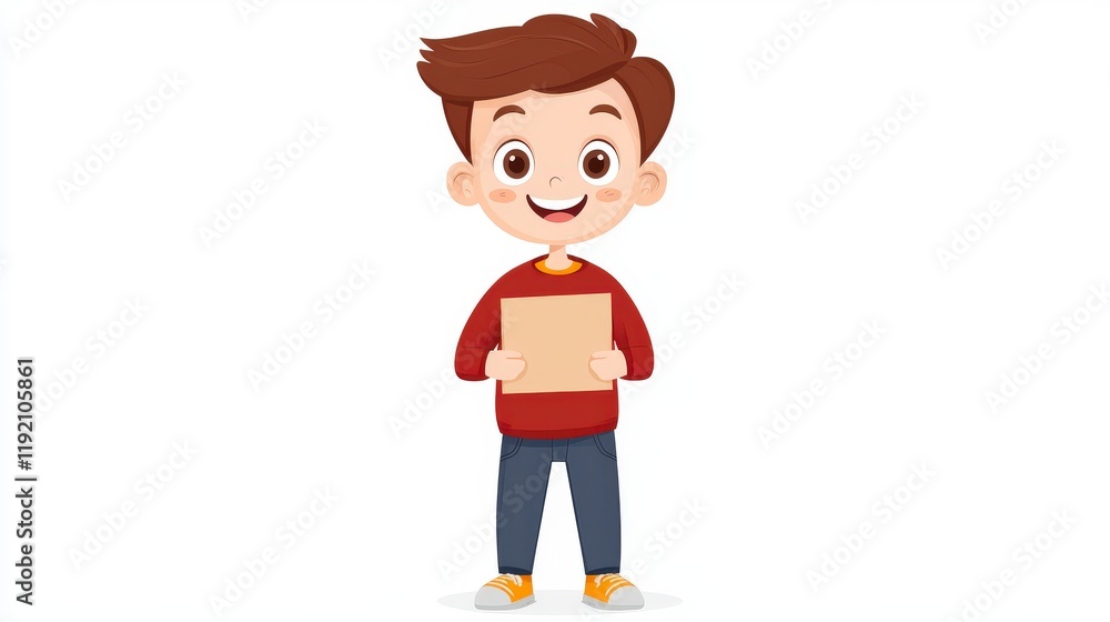 Happy cartoon boy holding blank card and smiling joyfully with colorful clothes and playful expression Happy cartoon boy holding blank card and smiling joyfully with colorful clothes and playful expression