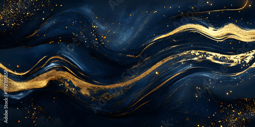 Luxurious gold foil texture overlaying a deep navy blue backdrop, with glittering holiday light particles and digital accents