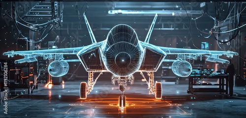 Military testing environment in AR showcasing a high-tech wireframe fighter jet.