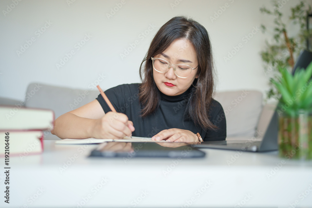 Asian woman using pencil writing on notebook in living room Asian woman using pencil writing on notebook in living room