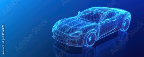 Blue backdrop highlights a digital hologram of a futuristic wireframe car.